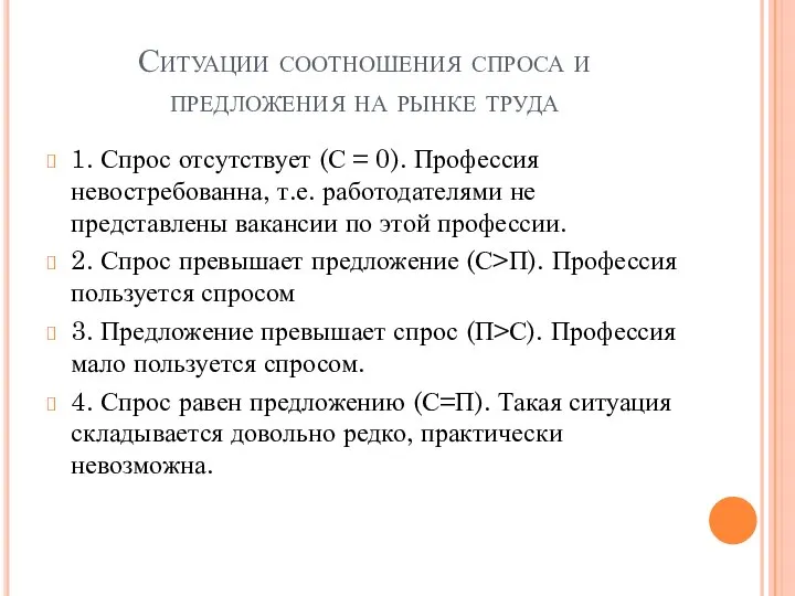 Ситуации соотношения спроса и предложения на рынке труда 1. Спрос отсутствует