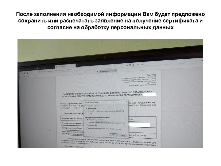 После заполнения необходимой информации Вам будет предложено сохранить или распечатать заявление