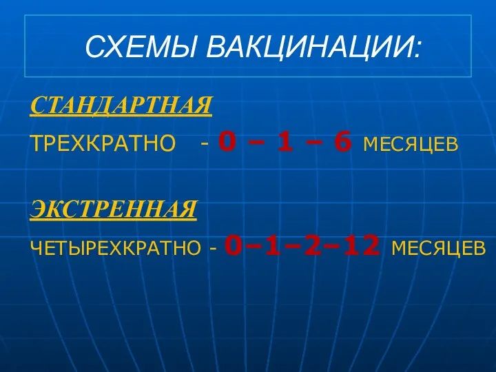 СХЕМЫ ВАКЦИНАЦИИ: СТАНДАРТНАЯ ТРЕХКРАТНО - 0 – 1 – 6 МЕСЯЦЕВ ЭКСТРЕННАЯ ЧЕТЫРЕХКРАТНО - 0–1–2–12 МЕСЯЦЕВ