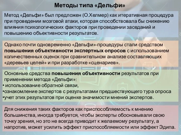 Методы типа «Дельфи» Метод «Дельфи» был предложен (О.Хелмер) как итеративная процедура