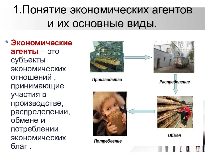 Экономические агенты – это субъекты экономических отношений ,принимающие участия в производстве,