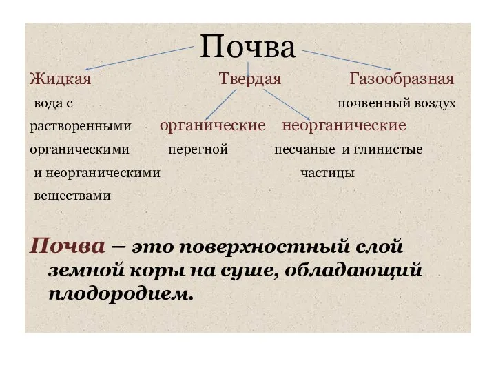 Почва Жидкая Твердая Газообразная вода с почвенный воздух растворенными органические неорганические