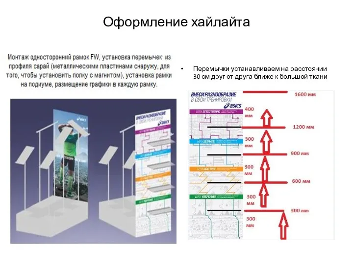 Оформление хайлайта Перемычки устанавливаем на расстоянии 30 см друг от друга ближе к большой ткани