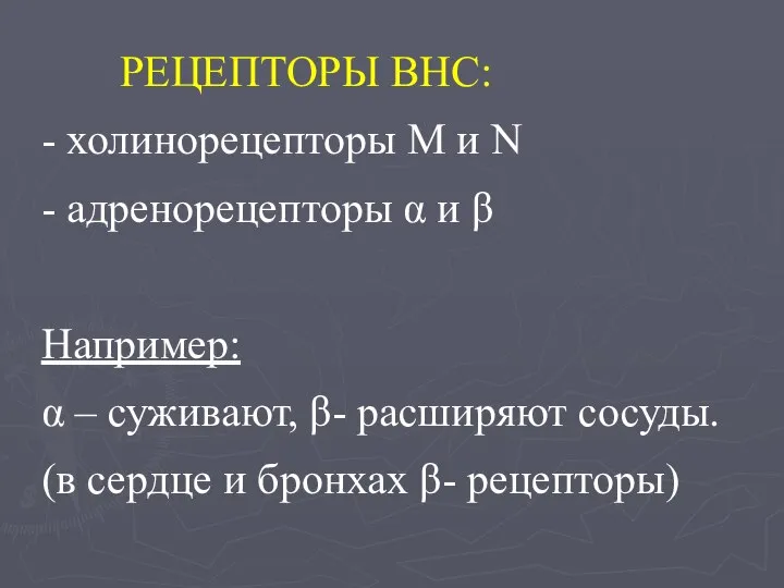 РЕЦЕПТОРЫ ВНС: - холинорецепторы М и N - адренорецепторы α и