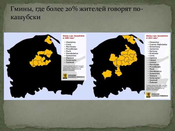 Гмины, где более 20% жителей говорят по-кашубски