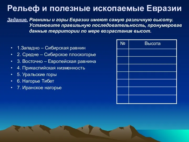 1.Западно – Сибирская равнин 2. Средне – Сибирское плоскогорье 3. Восточно