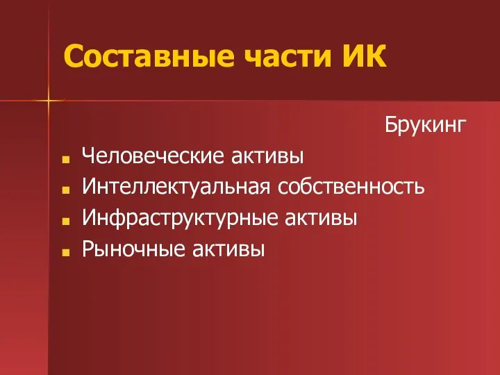 Составные части ИК Брукинг Человеческие активы Интеллектуальная собственность Инфраструктурные активы Рыночные активы