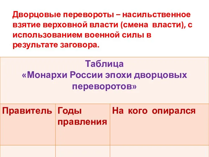 Дворцовые перевороты – насильственное взятие верховной власти (смена власти), с использованием военной силы в результате заговора.