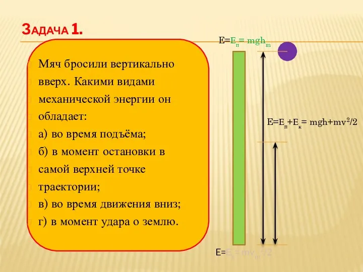 Задача 1. Мяч бросили вертикально вверх. Какими видами механической энергии он