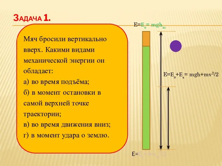 Задача 1. Мяч бросили вертикально вверх. Какими видами механической энергии он