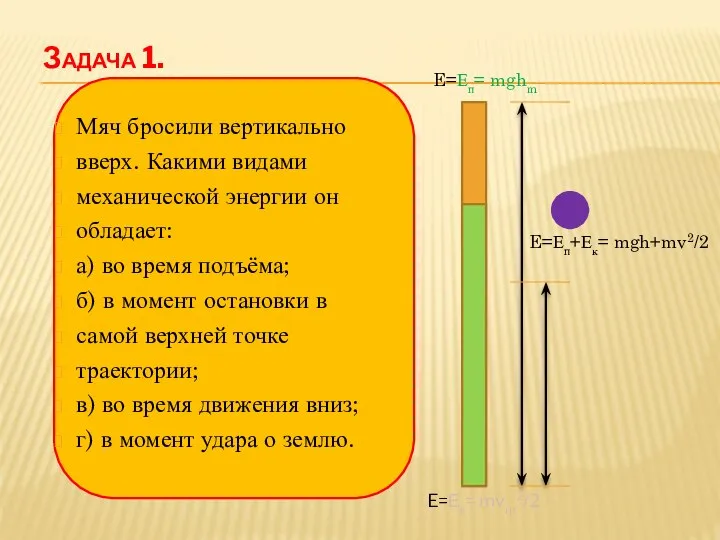 Задача 1. Мяч бросили вертикально вверх. Какими видами механической энергии он