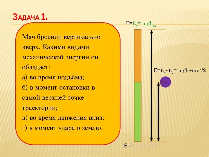 Задача 1. Мяч бросили вертикально вверх. Какими видами механической энергии он