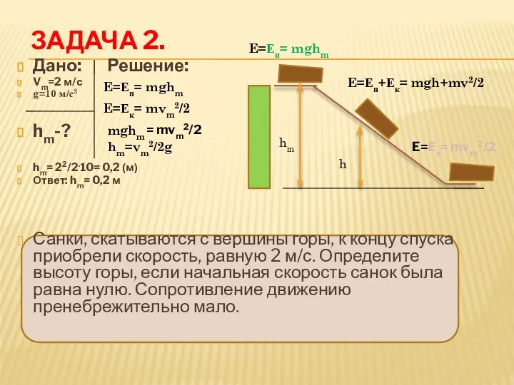 ЗАДАЧА 2. Дано: Решение: Vm=2 м/с g=10 м/с2 hm-? hm= 22/2.10=