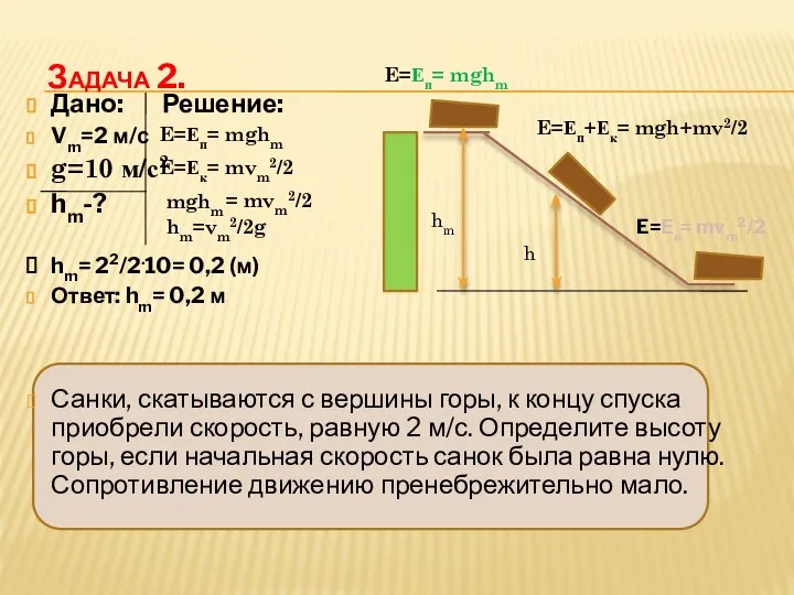 Задача 2. Дано: Решение: Vm=2 м/с g=10 м/с2 hm-? hm= 22/2.10=