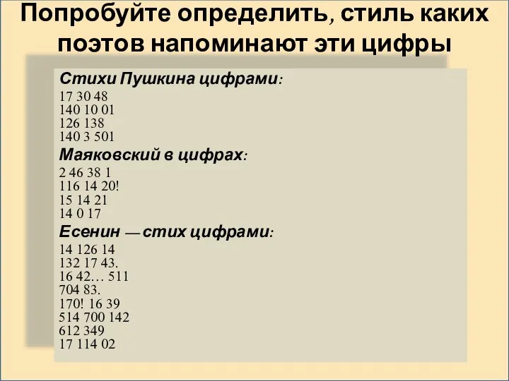 Попробуйте определить, стиль каких поэтов напоминают эти цифры Стихи Пушкина цифрами: