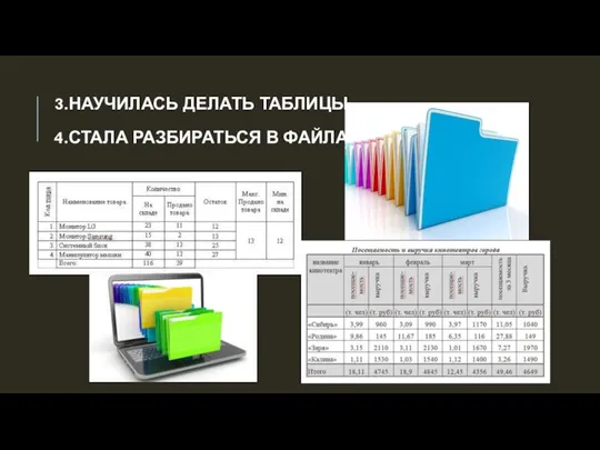 3.НАУЧИЛАСЬ ДЕЛАТЬ ТАБЛИЦЫ. 4.СТАЛА РАЗБИРАТЬСЯ В ФАЙЛАХ.