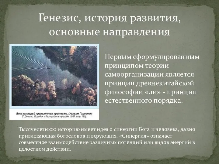 Генезис, история развития, основные направления Первым сформулированным принципом теории самоорганизации является