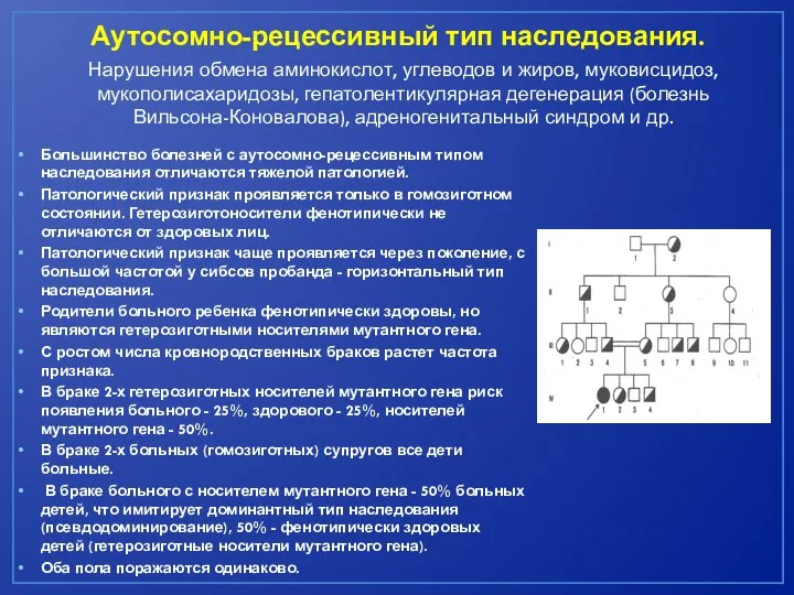 Аутосомно-рецессивный тип наследования. Большинство болезней с аутосомно-рецессивным типом наследования отличаются тяжелой