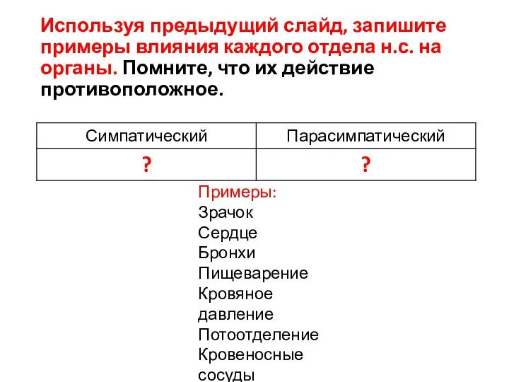 Используя предыдущий слайд, запишите примеры влияния каждого отдела н.с. на органы.