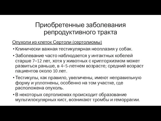 Приобретенные заболевания репродуктивного тракта Опухоли из клеток Сертоли (сертолиомы) Клинически важная