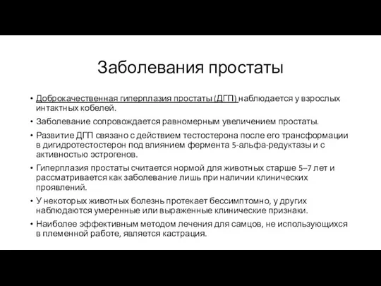 Заболевания простаты Доброкачественная гиперплазия простаты (ДГП) наблюдается у взрослых интактных кобелей.