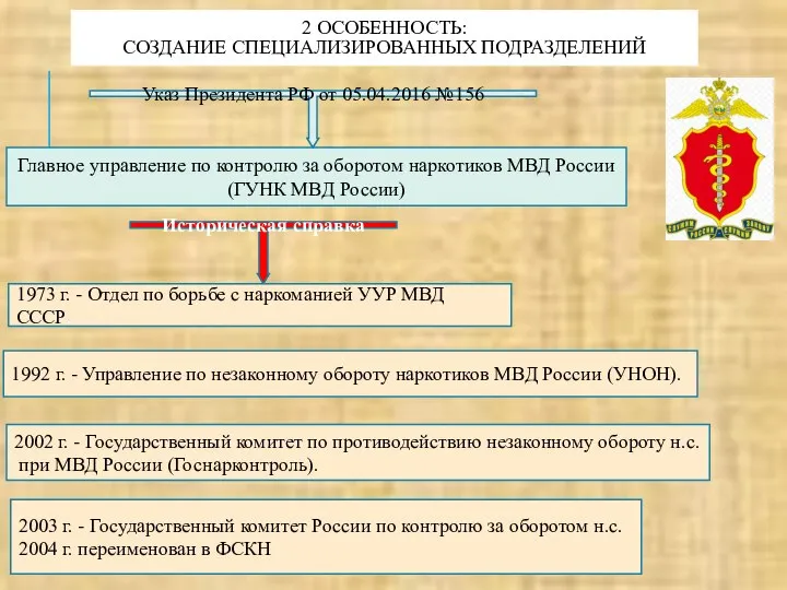 2 ОСОБЕННОСТЬ: СОЗДАНИЕ СПЕЦИАЛИЗИРОВАННЫХ ПОДРАЗДЕЛЕНИЙ Главное управление по контролю за оборотом