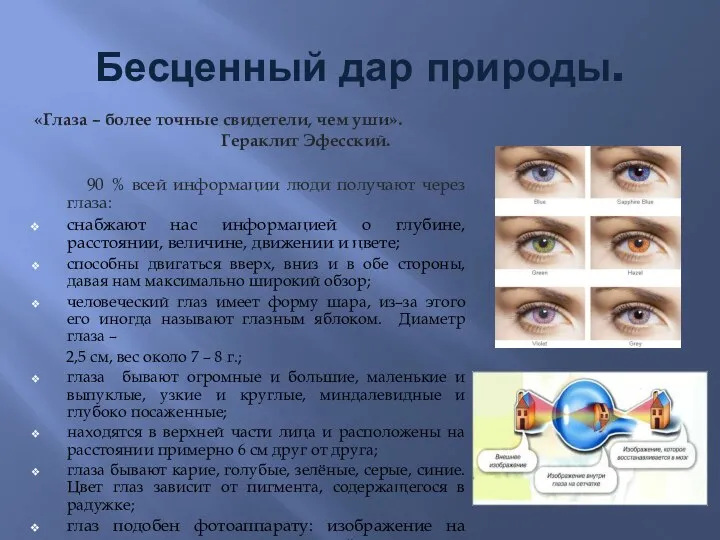 Бесценный дар природы. «Глаза – более точные свидетели, чем уши». Гераклит