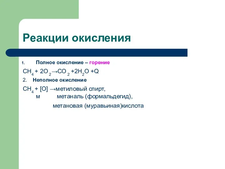 Реакции окисления Полное окисление – горение СН4 + 2О 2→СО 2