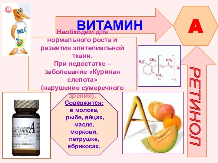 ВИТАМИН A РЕТИНОЛ Необходим для нормального роста и развития эпителиальной ткани.