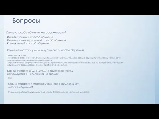 Вопросы Какие способы обучения мы рассмотрели? Индивидуальный способ обучения Индивидуально-групповой способ