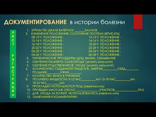 ДОКУМЕНТИРОВАНИЕ в истории болезни 1. УТРОМ ПО ШКАЛЕ ВАТЕРЛОУ _______БАЛЛОВ ИЗМЕНЕНИЕ