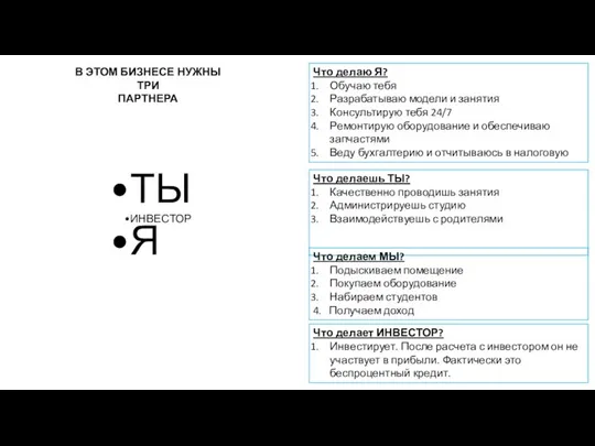 В ЭТОМ БИЗНЕСЕ НУЖНЫ ТРИ ПАРТНЕРА Что делаю Я? Обучаю тебя