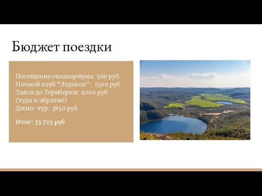 Бюджет поездки Посещение океанариума: 500 руб Ночной клуб “Ледокол”: 1500 руб