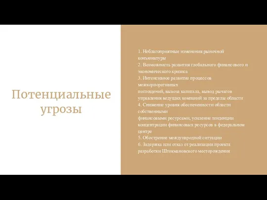 1. Неблагоприятные изменения рыночной конъюнктуры 2. Возможность развития глобального финансового и