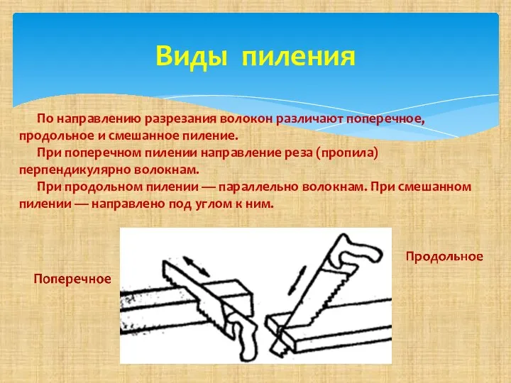 Виды пиления По направлению разрезания волокон различают поперечное, продольное и смешанное