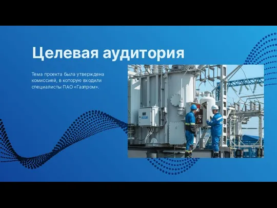 Целевая аудитория Тема проекта была утверждена комиссией, в которую входили специалисты ПАО «Газпром».