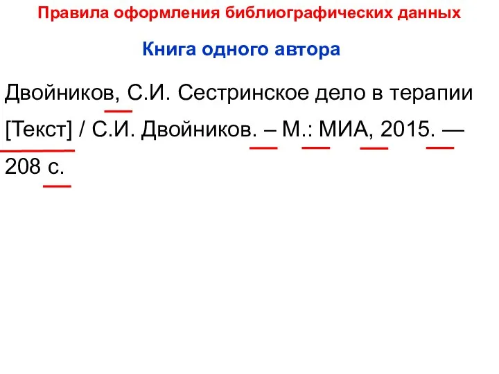 Правила оформления библиографических данных Двойников, С.И. Сестринское дело в терапии [Текст]