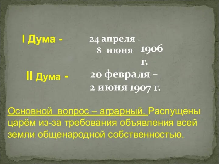 I Дума - 24 апреля – 8 июня II Дума -