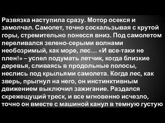 Развязка наступила сразу. Мотор осекся и замолчал. Самолет, точно соскальзывая с