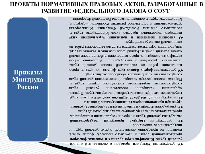 ПРОЕКТЫ НОРМАТИВНЫХ ПРАВОВЫХ АКТОВ, РАЗРАБОТАННЫЕ В РАЗВИТИЕ ФЕДЕРАЛЬНОГО ЗАКОНА О СОУТ