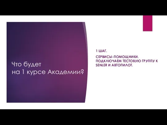 Что будет на 1 курсе Академии? 1 ШАГ. СЕРВИСЫ-ПОМОЩНИКИ. ПОДКЛЮЧАЕМ ТЕСТОВУЮ ГРУППУ К SENLER И АВТОПИЛОТ.