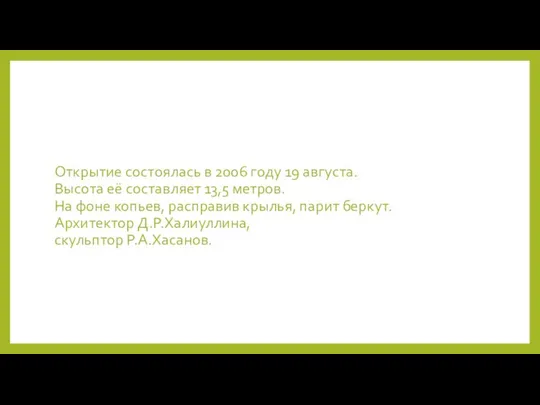 Открытие состоялась в 2006 году 19 августа. Высота её составляет 13,5