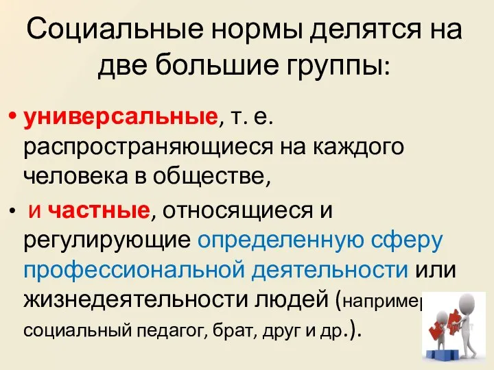 Социальные нормы делятся на две большие группы: универсальные, т. е. распространяющиеся