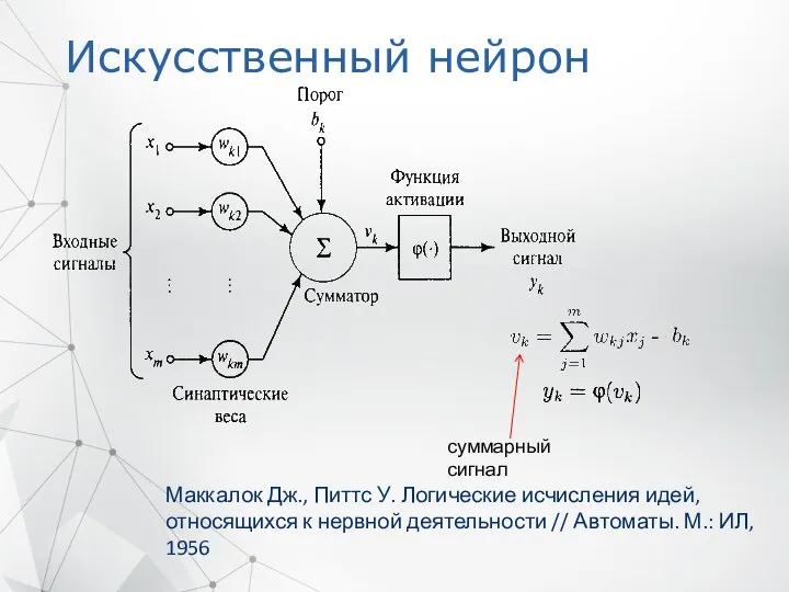 Искусственный нейрон Маккалок Дж., Питтс У. Логические исчисления идей, относящихся к