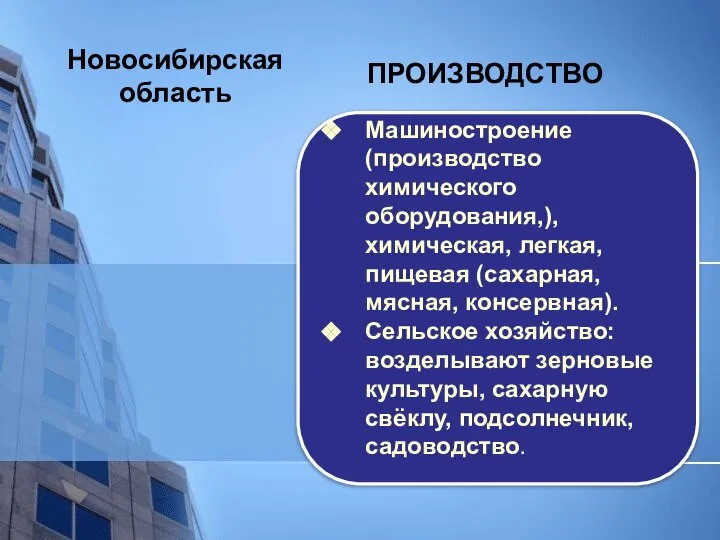 Новосибирская область ПРОИЗВОДСТВО Машиностроение (производство химического оборудования,), химическая, легкая, пищевая (сахарная,