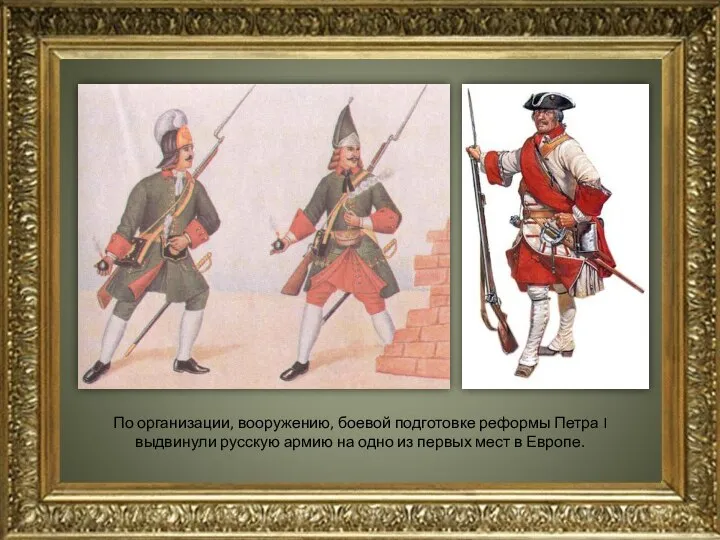 По организации, вооружению, боевой подготовке реформы Петра I выдвинули русскую армию