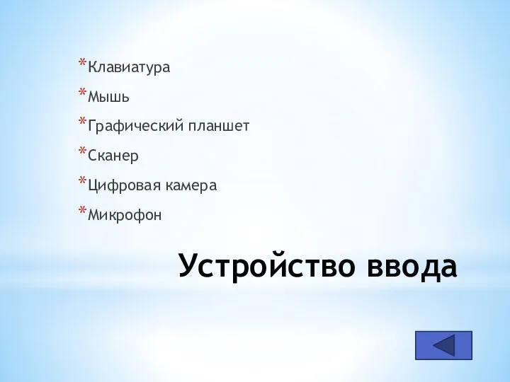 Устройство ввода Клавиатура Мышь Графический планшет Сканер Цифровая камера Микрофон