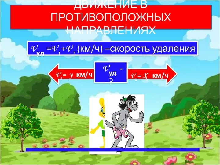 ДВИЖЕНИЕ В ПРОТИВОПОЛОЖНЫХ НАПРАВЛЕНИЯХ Vуд.=V1+V2 (км/ч) –скорость удаления V1= y км/ч