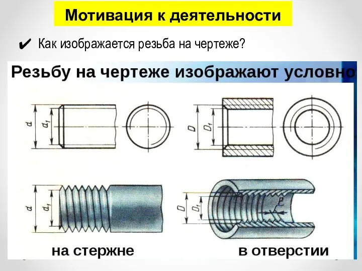 Мотивация к деятельности Как изображается резьба на чертеже?