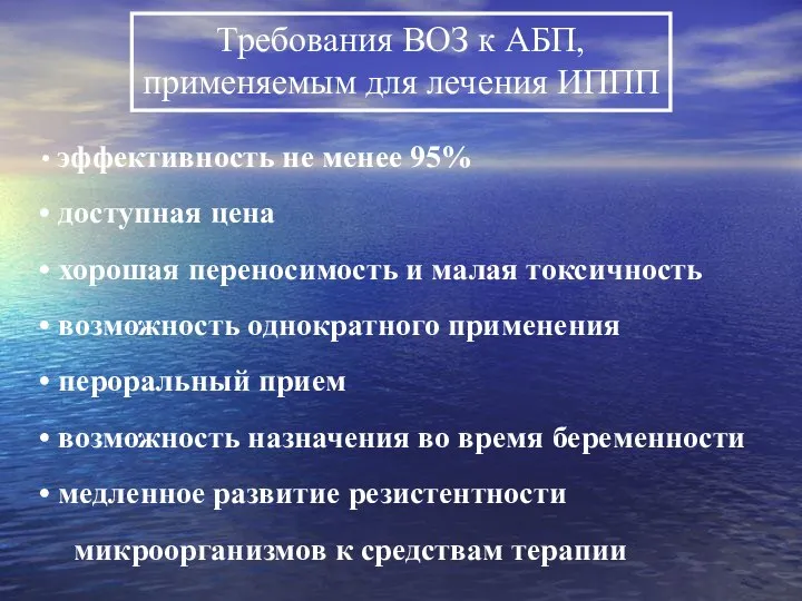 Требования ВОЗ к АБП, применяемым для лечения ИППП эффективность не менее